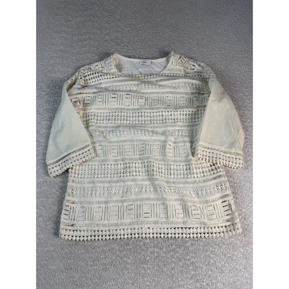 Vince Blouse Womens Small Ivory Cream Crochet Lace 3/4 Sleeve‎ Boho Top Shirt